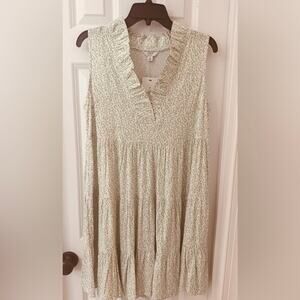 Crown & Ivy Green Print Ruffle Neck Tiered Mini Dress Small NWT